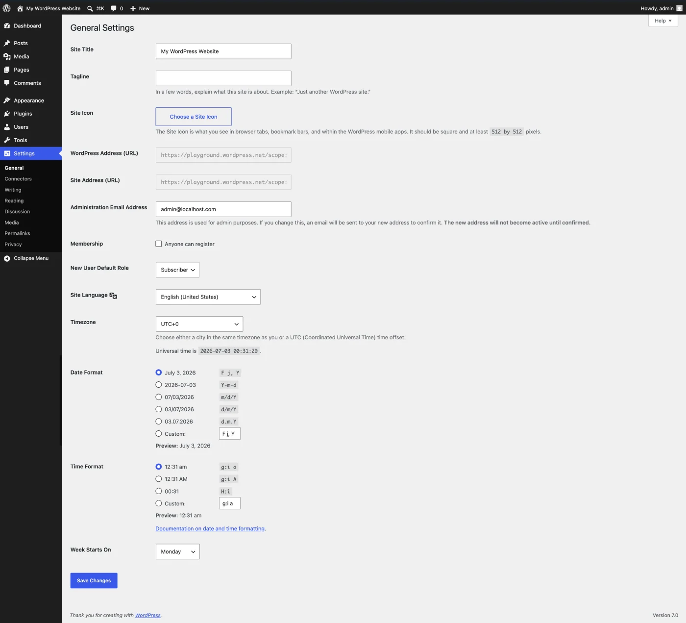 WordPress 官方一般設定頁，顯示 WordPress 位址和網站位址欄位。