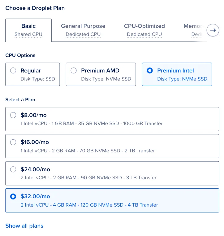 DigitalOcean 官方方案選擇畫面，方案列同時呈現月費與 vCPU、RAM、磁碟、傳輸量。