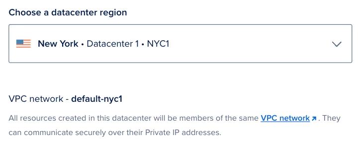 DigitalOcean 官方建立主機畫面中的資料中心地區選擇欄位,示例選中 New York NYC1。