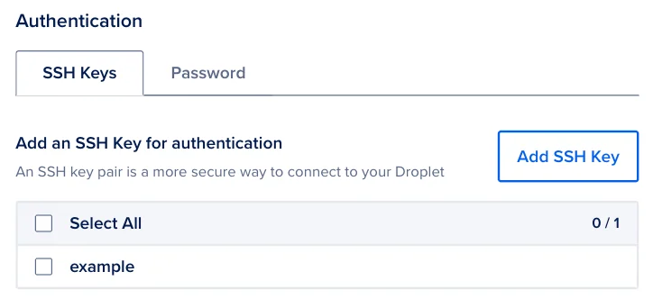 DigitalOcean 官方建立主機畫面的 Authentication 區塊，顯示 SSH Keys 分頁和 Add SSH Key 按鈕。