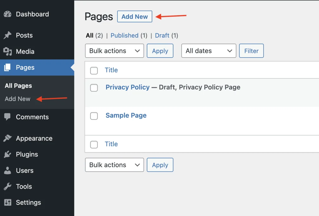 WordPress 官方後台畫面，頁面選單下方的新增頁面入口。