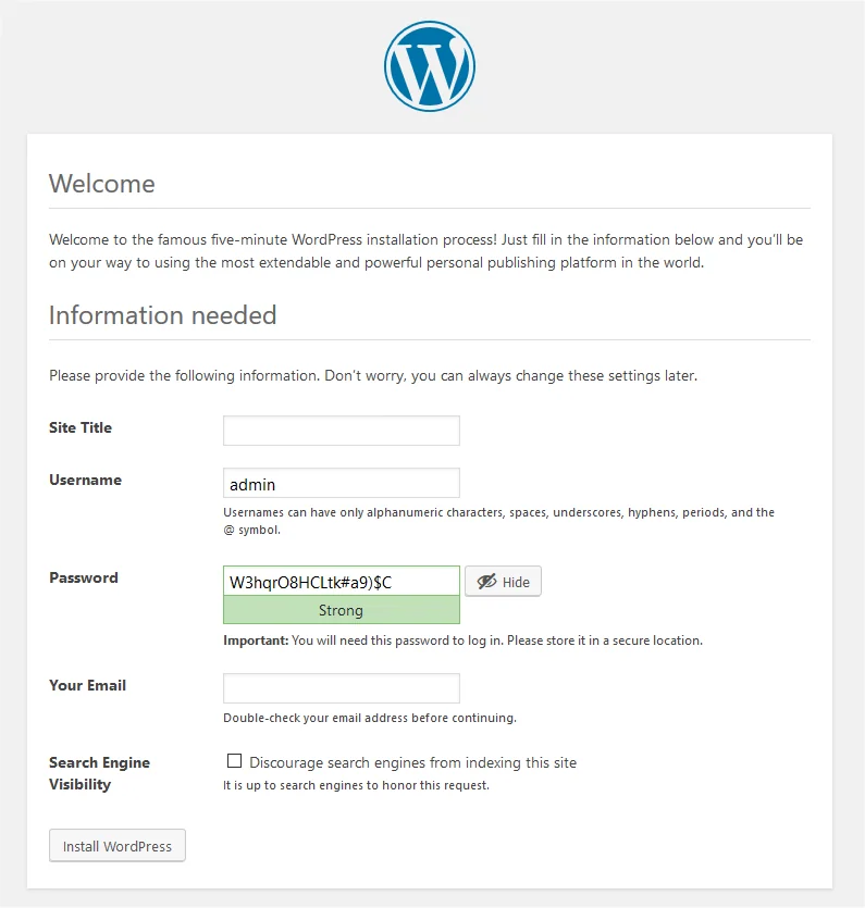 WordPress 官方文件的網站初始化畫面，可看到網站標題、管理員名稱、密碼、電子郵件與搜尋引擎可見性欄位。