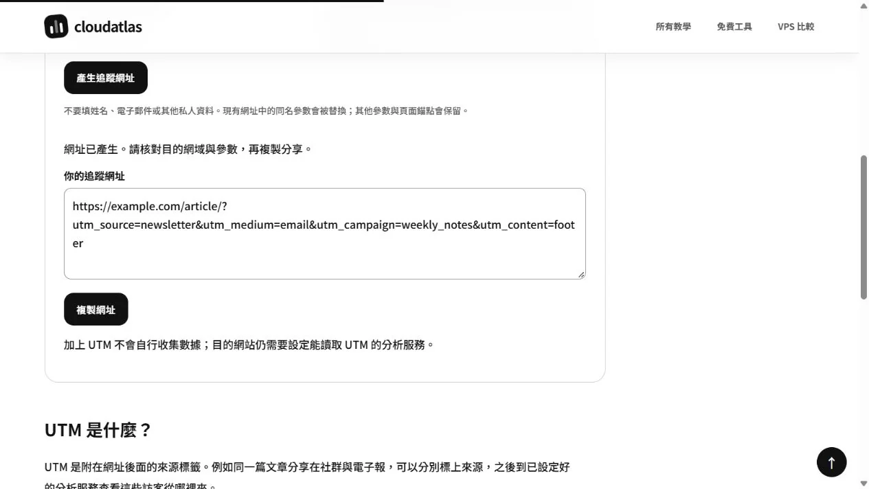 UTM 網址工具填入 newsletter、email、weekly_notes 和 footer 的示範。