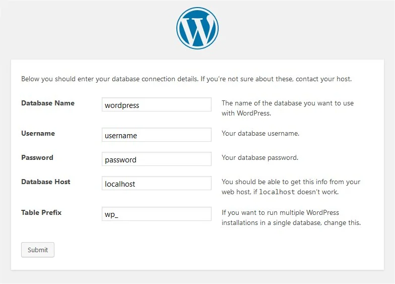 WordPress 官方文件的資料庫連線設定畫面，可看到資料庫名稱、使用者、密碼、主機與資料表前綴欄位。