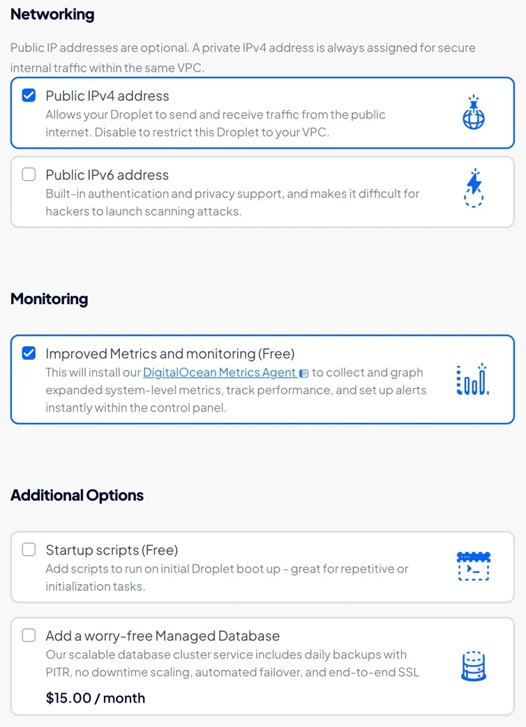 DigitalOcean 官方建立主機畫面的額外選項區，可看到免費監控與另計費的資料庫選項。