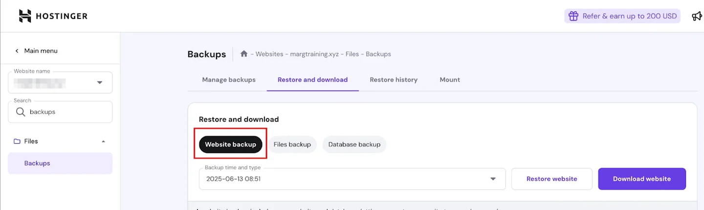 Hostinger 備份畫面中的 Restore and download、Website backup 與日期選單。