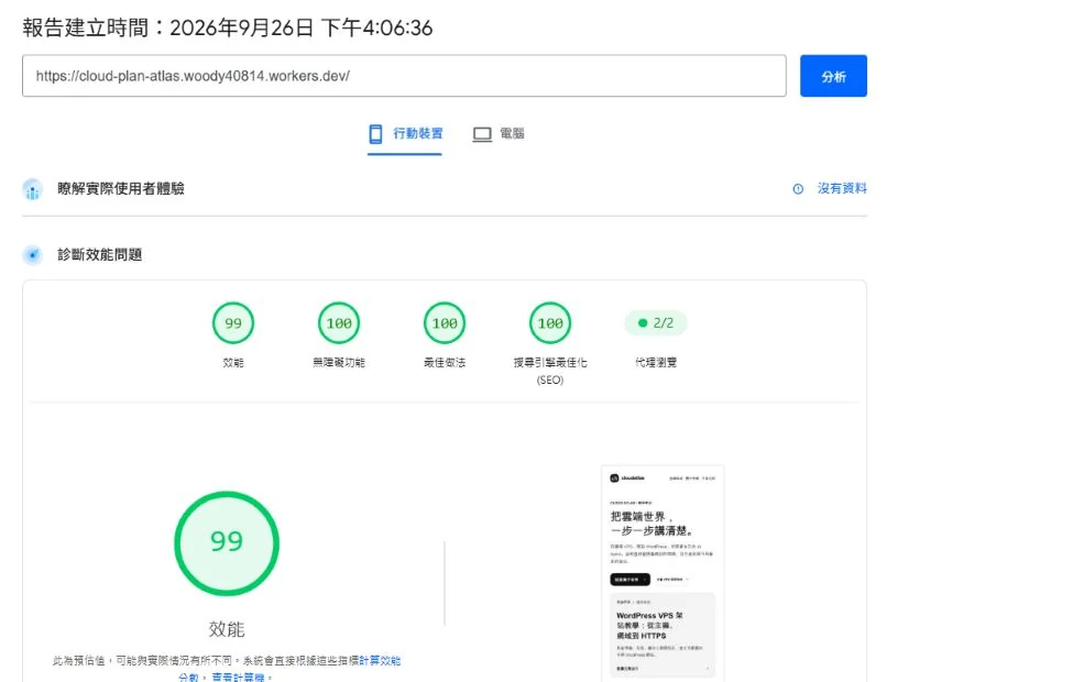 本站 PageSpeed 實際報告：行動裝置頁籤已選取，實際使用者體驗顯示沒有資料，下方列出診斷結果。
