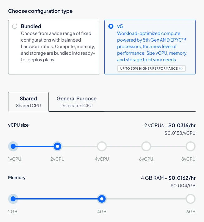 DigitalOcean 官方建立主機畫面,可選方案類型與資源。