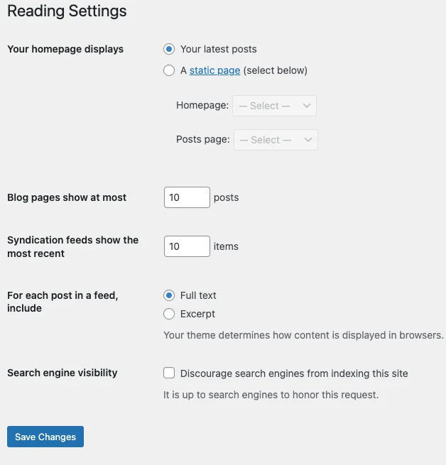 WordPress 閱讀設定頁底部的搜尋引擎可見性選項。