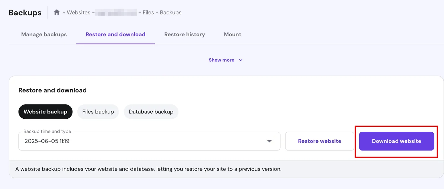 Hostinger 官方畫面，網站備份日期下方的 Download website 按鈕。